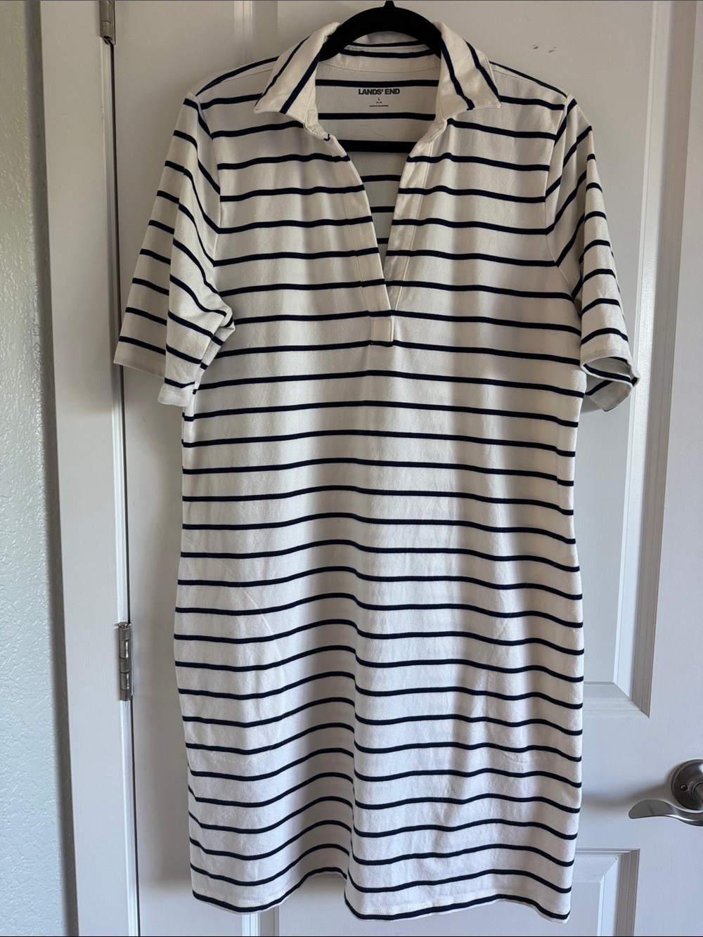 Lands' End White Polo Shirt Dress with Navy Stripes